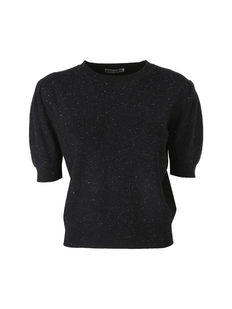 Maglia donna in lurex con maniche corte a sbuffo - nero
