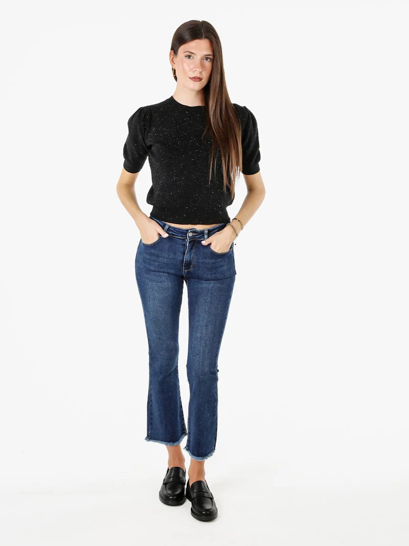 Maglia donna in lurex con maniche corte a sbuffo - nero