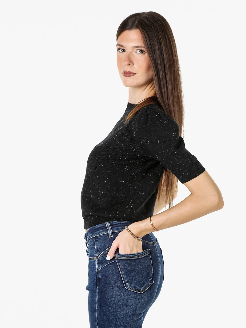 Maglia donna in lurex con maniche corte a sbuffo - nero