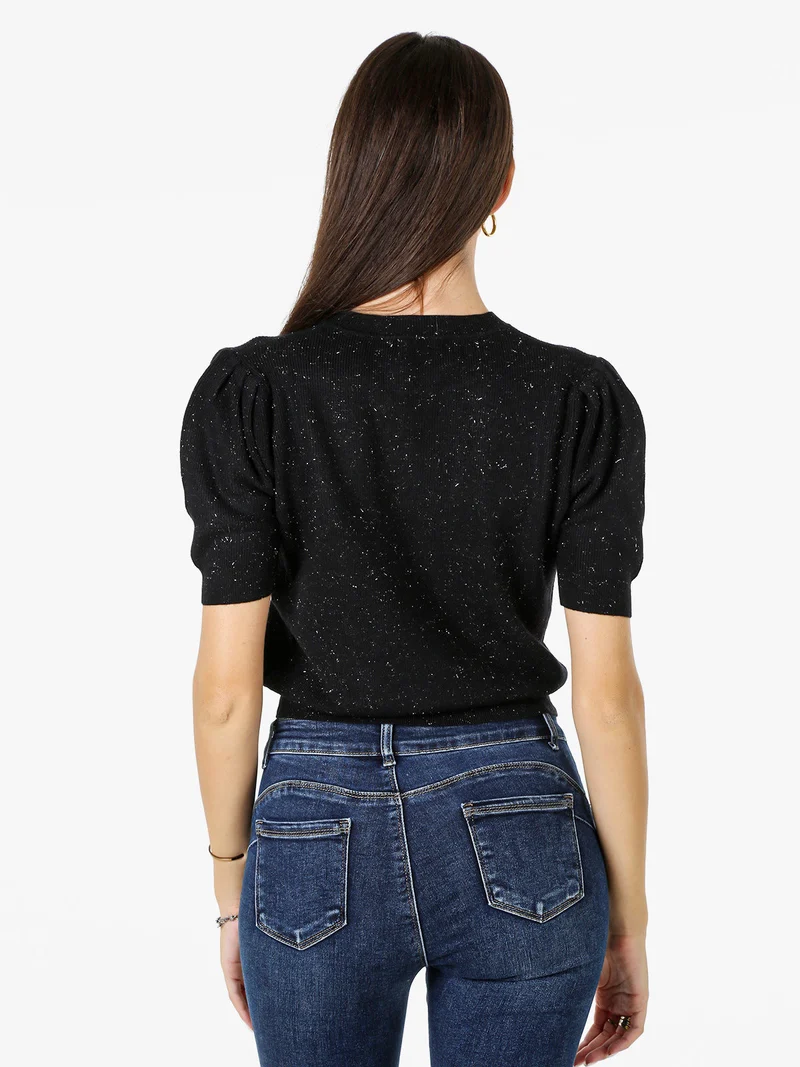 Maglia donna in lurex con maniche corte a sbuffo - nero