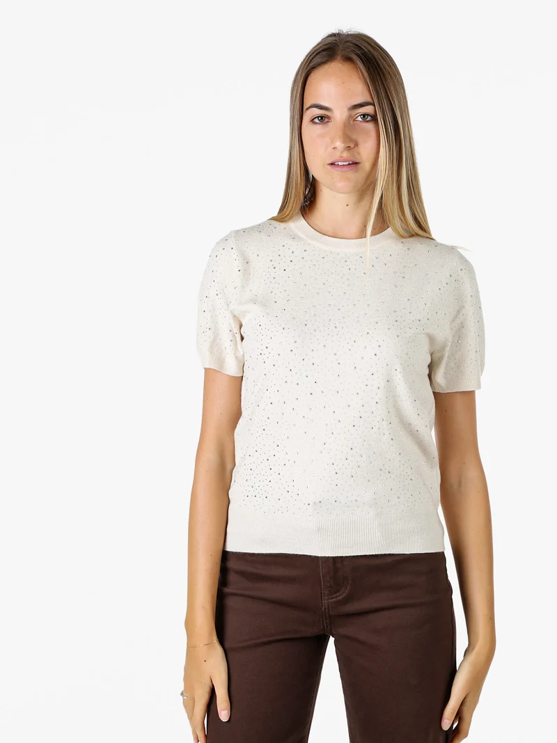 Maglia donna a maniche corte con micro borchie - beige