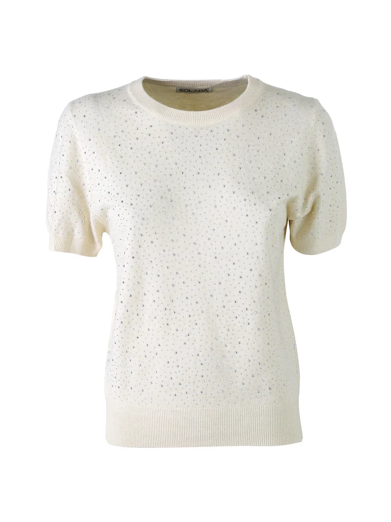 Maglia donna a maniche corte con micro borchie - beige