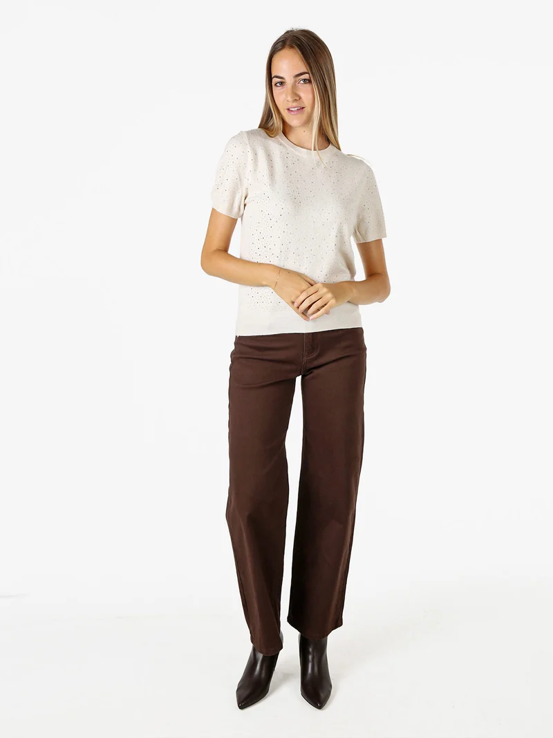 Maglia donna a maniche corte con micro borchie - beige