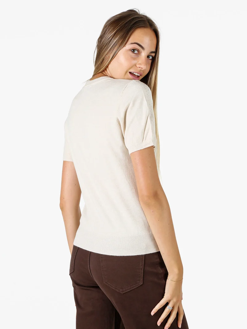 Maglia donna a maniche corte con micro borchie - beige