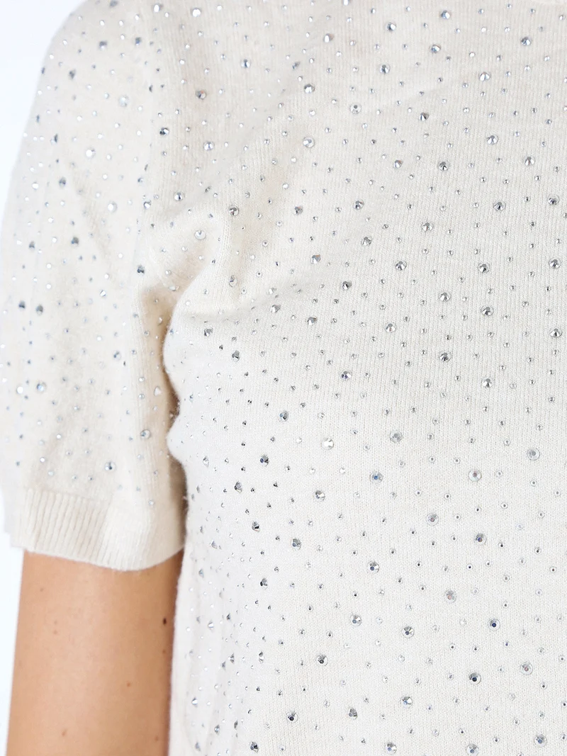 Maglia donna a maniche corte con micro borchie - beige