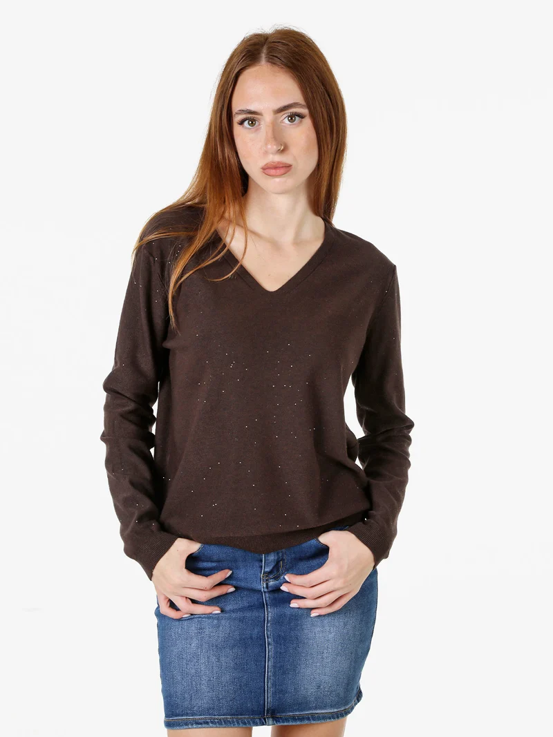 Maglia donna con scollo a V e dettagli di mini paillettes - moro