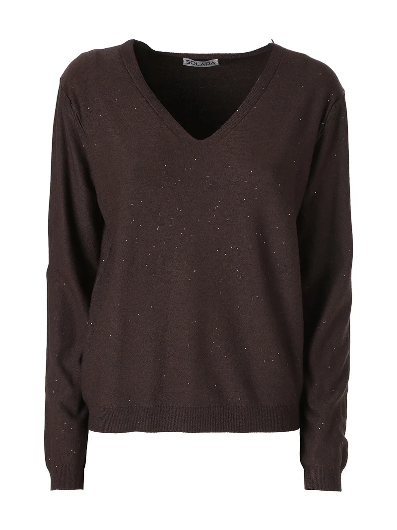 Maglia donna con scollo a V e dettagli di mini paillettes - moro