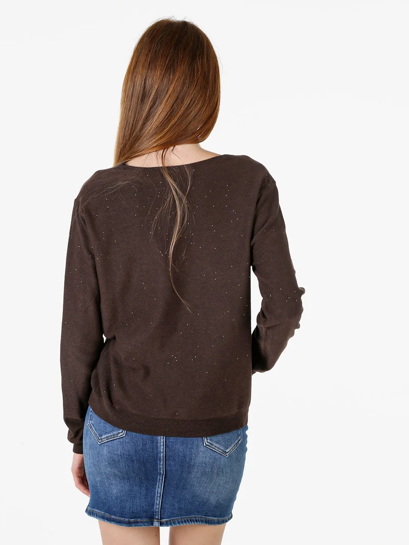 Maglia donna con scollo a V e dettagli di mini paillettes - moro