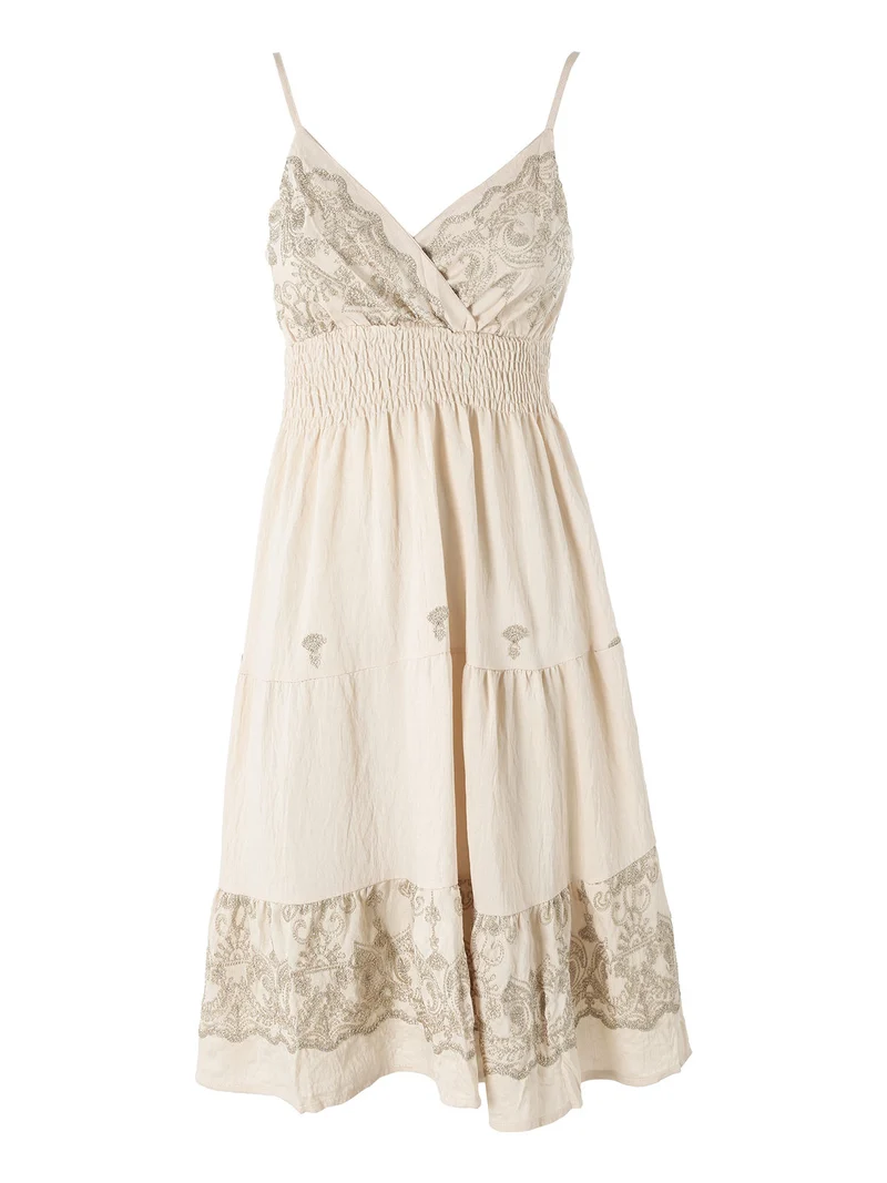 Vestito donna in viscosa con spalline strette e ricami con lurex - beige