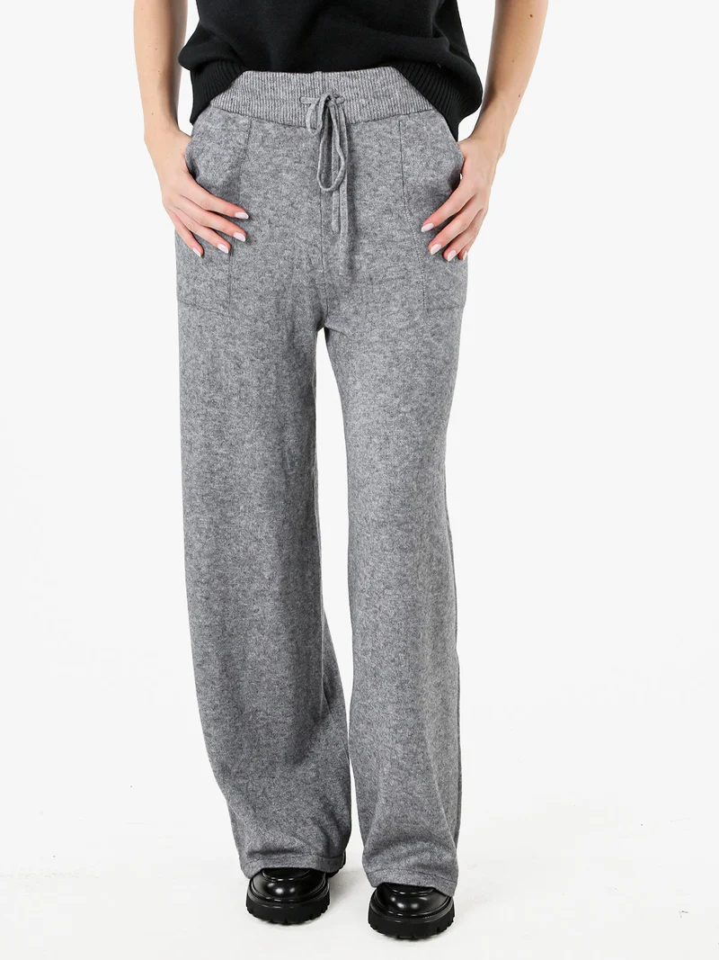 Pantaloni donna in maglia a gamba larga con coulisse - grigio