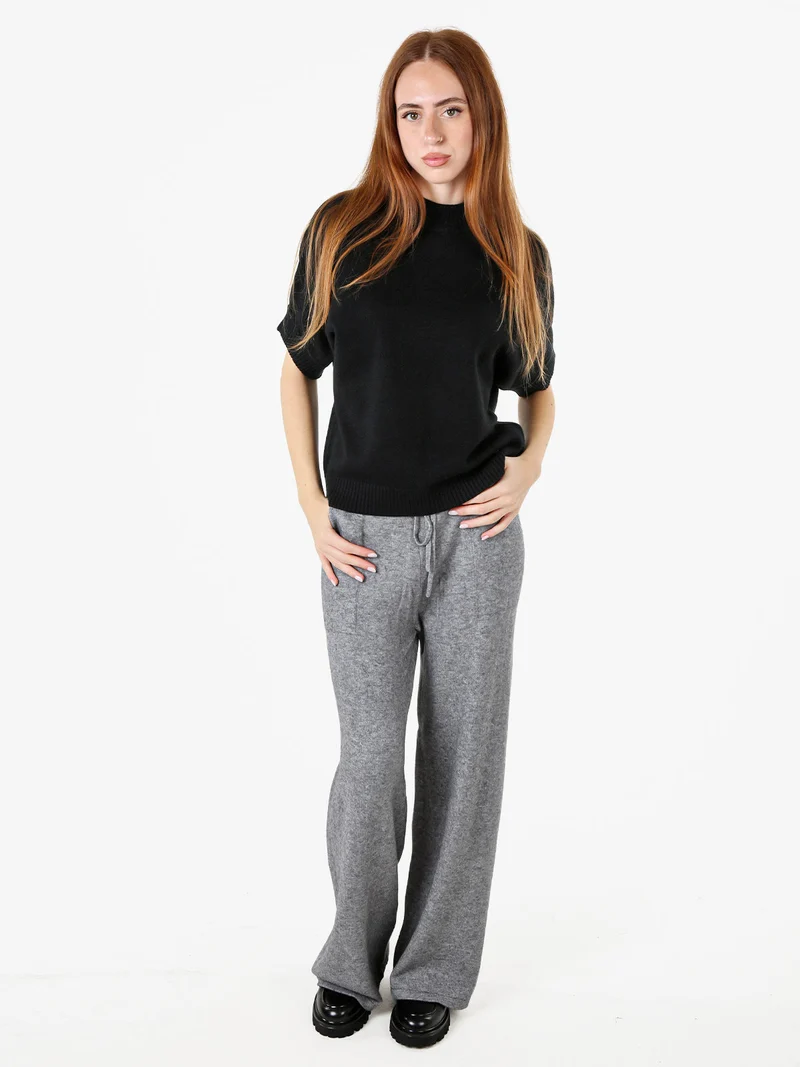 Pantaloni donna in maglia a gamba larga con coulisse - grigio