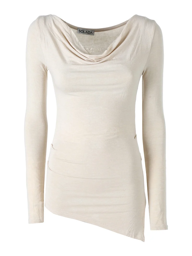 Top donna a maniche lunghe con scollo a cascata e dettaglio in pizzo - beige