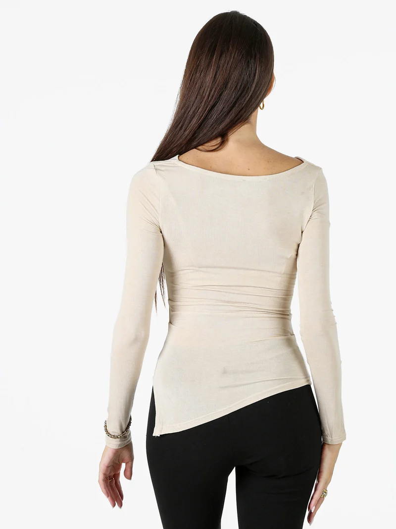 Top donna a maniche lunghe con scollo a cascata e dettaglio in pizzo - beige