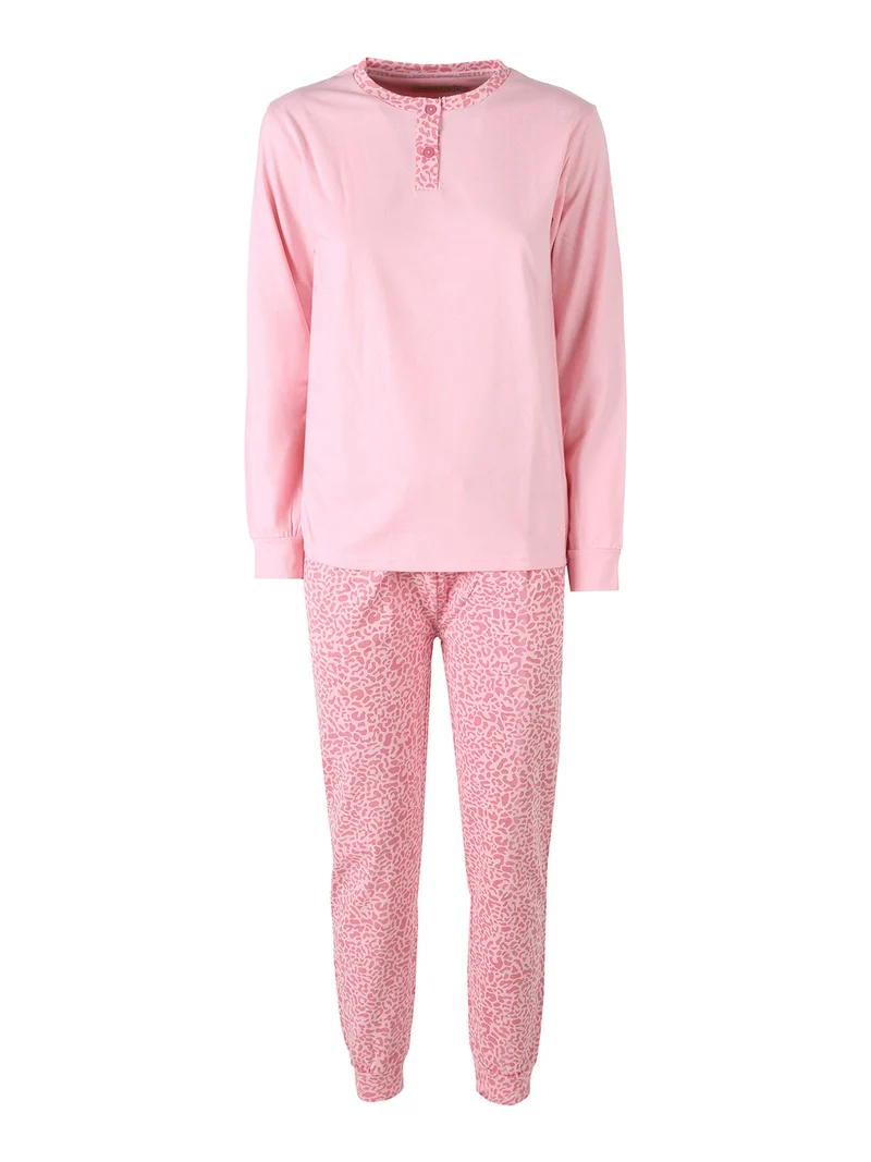 Pigiama lungo da donna in caldo cotone con stampa animalier - rosa