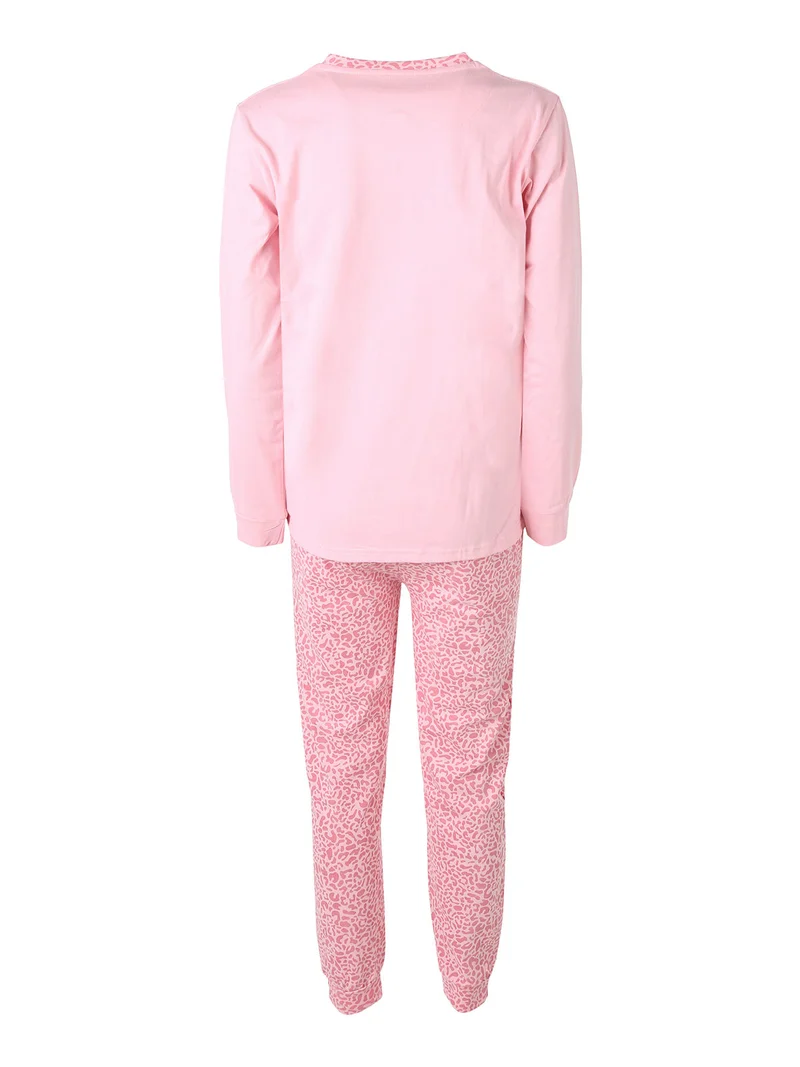 Pigiama lungo da donna in caldo cotone con stampa animalier - rosa