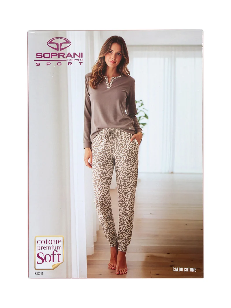 Pigiama lungo da donna in caldo cotone con stampa animalier - rosa