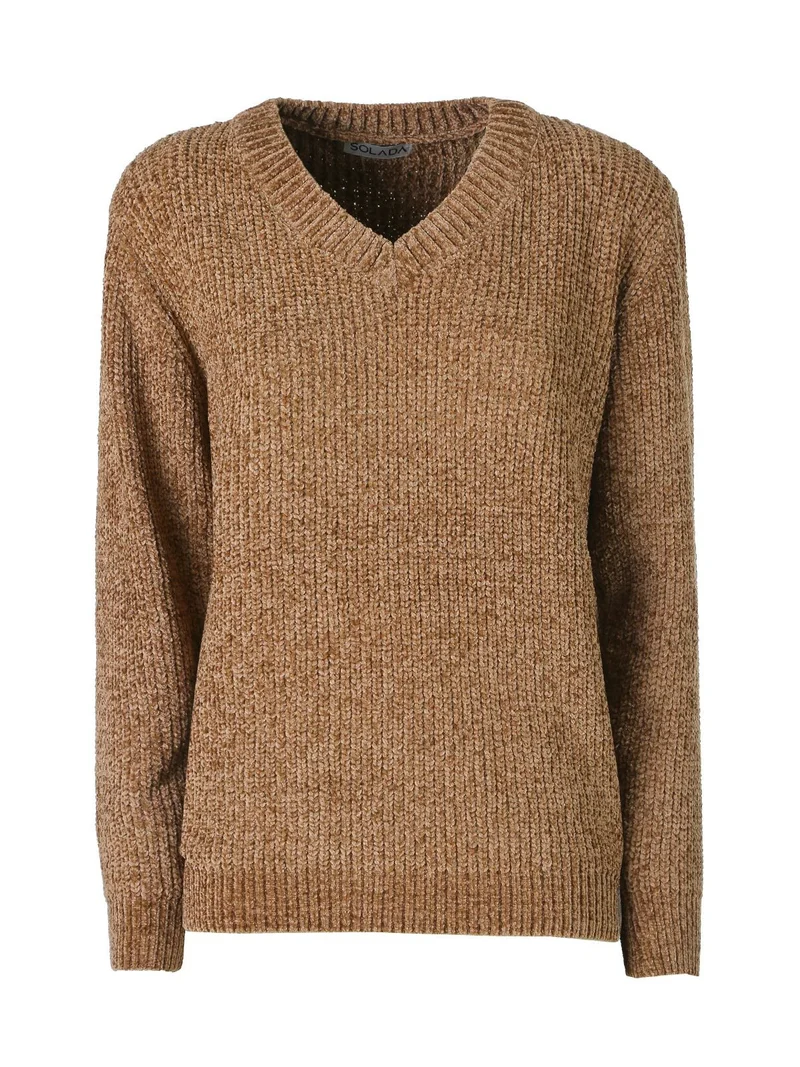 Maglione in ciniglia da donna con scollo a V - marrone