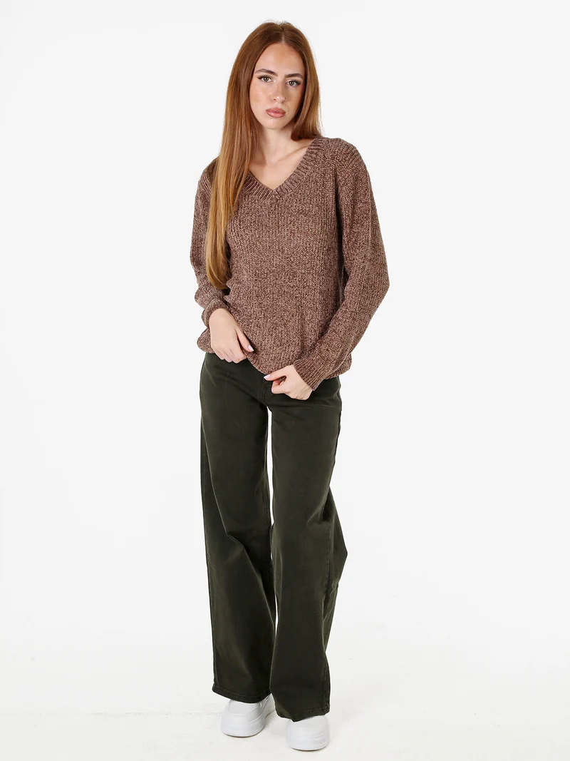 Maglione in ciniglia da donna con scollo a V - marrone