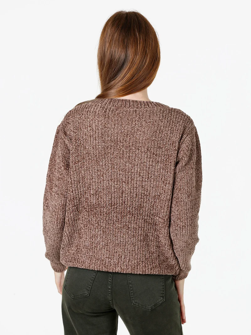 Maglione in ciniglia da donna con scollo a V - marrone