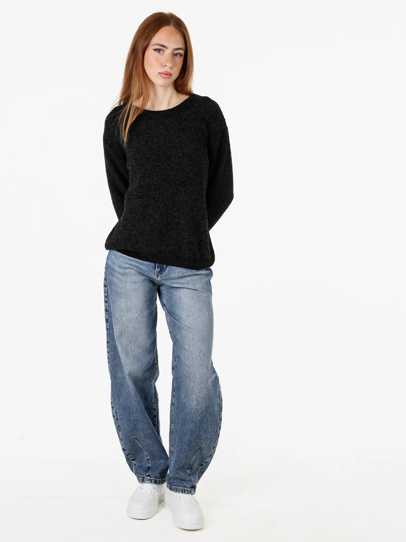 Maglione girocollo da donna in ciniglia - nero