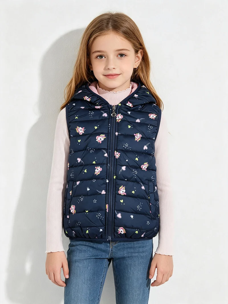 Giubbino smanicato da bambina con cappuccio e zip - blu scuro