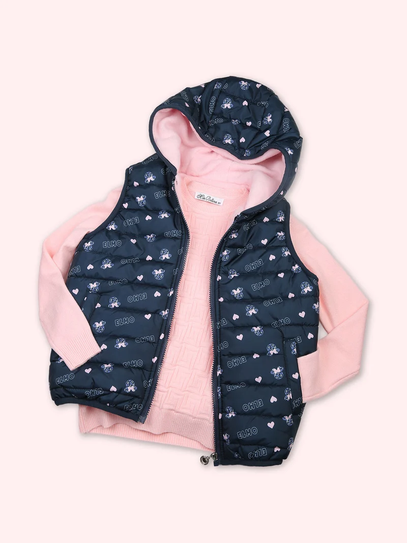 Giubbino smanicato da bambina con cappuccio e zip - blu scuro