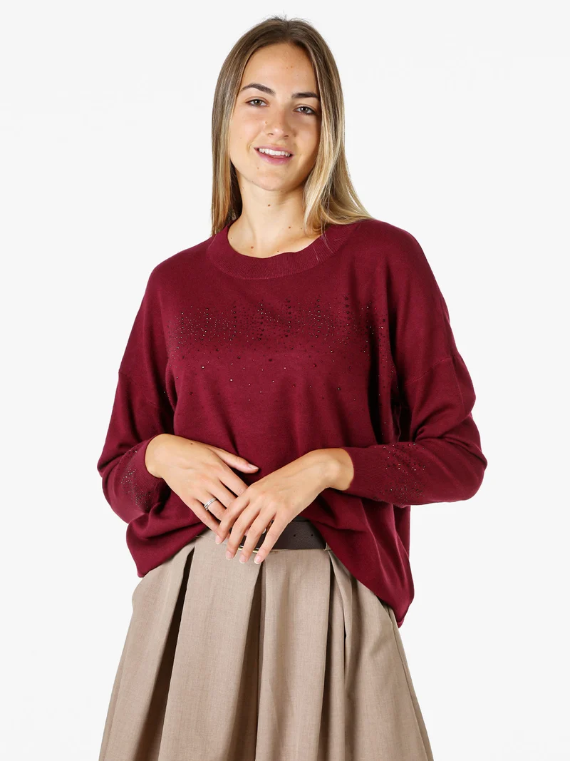 Pullover donna in maglia oversize con strass - bordeaux