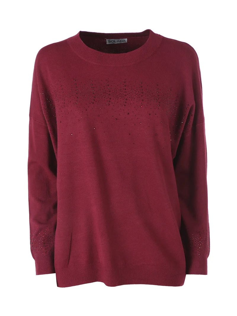 Pullover donna in maglia oversize con strass - bordeaux