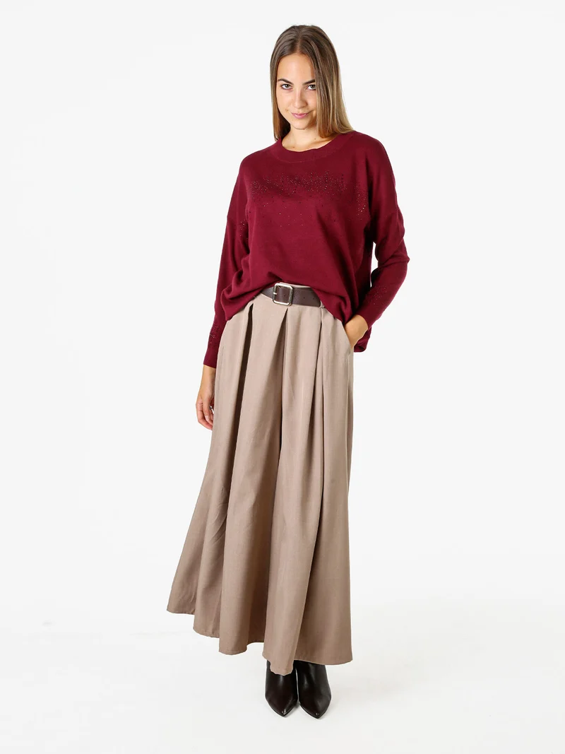 Pullover donna in maglia oversize con strass - bordeaux