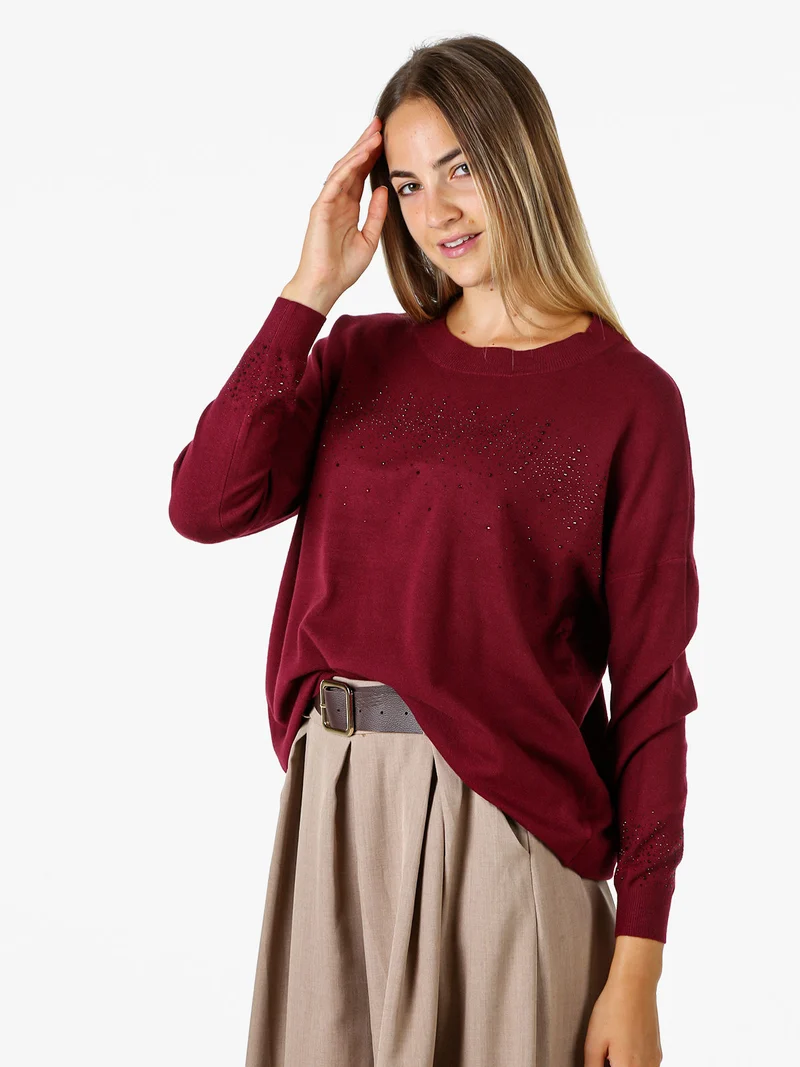 Pullover donna in maglia oversize con strass - bordeaux