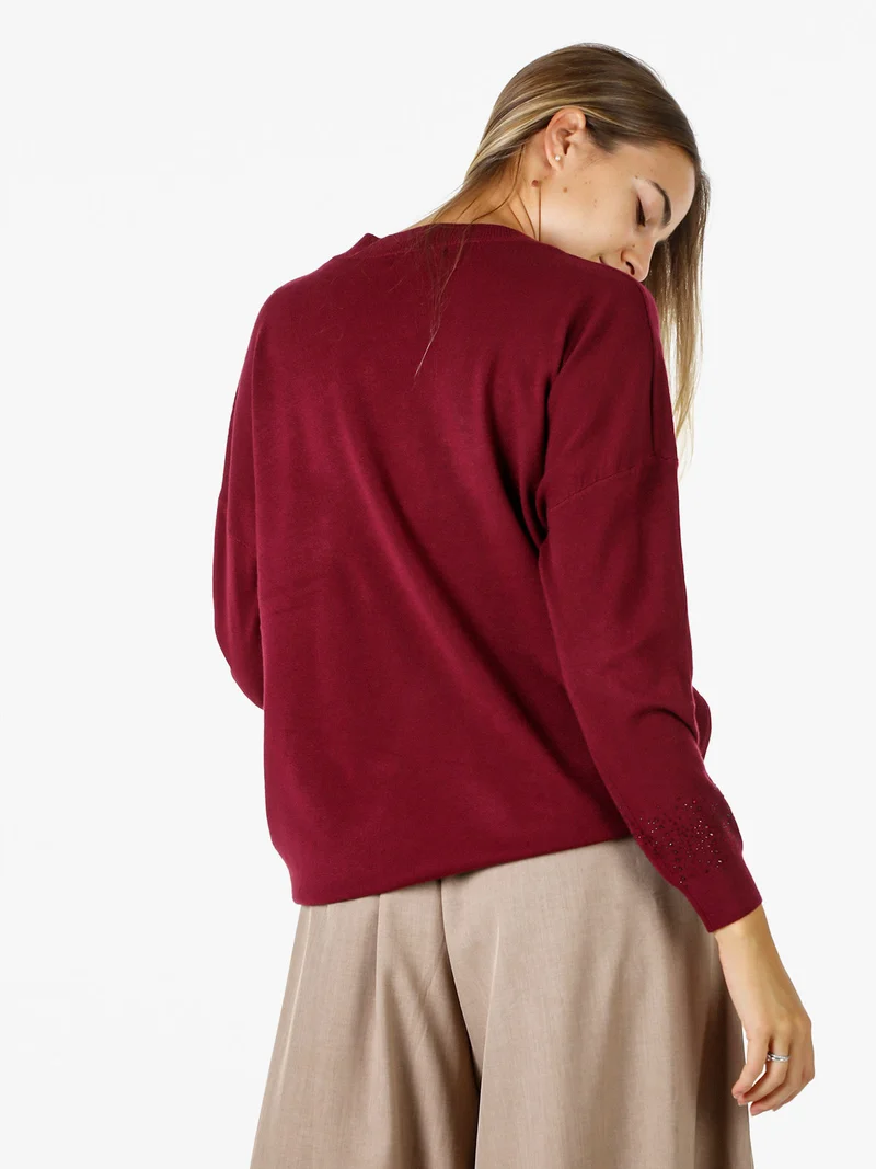 Pullover donna in maglia oversize con strass - bordeaux