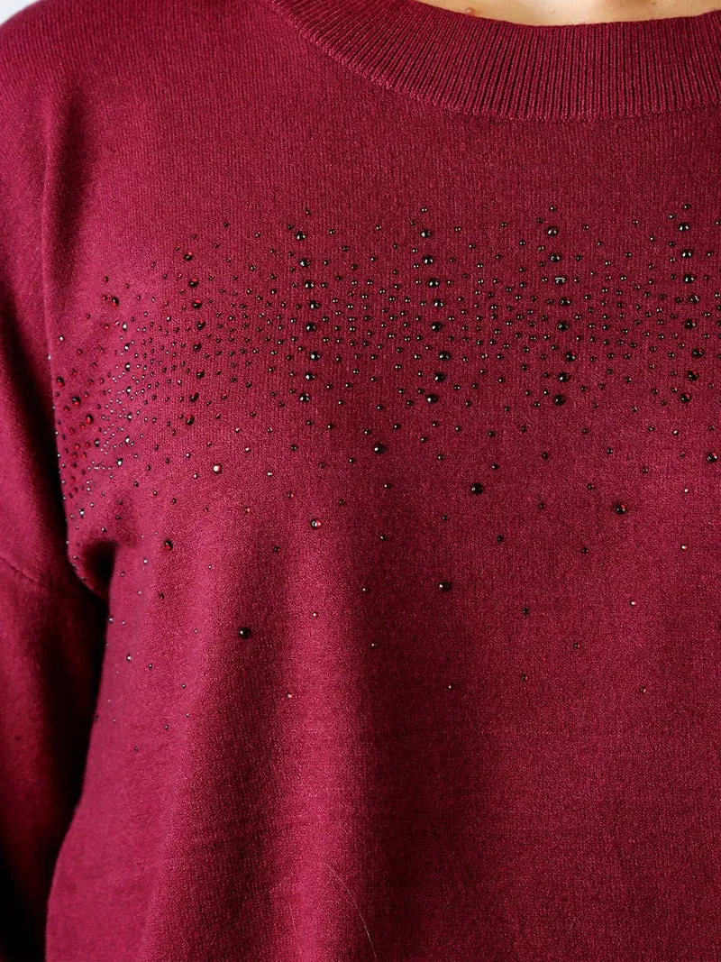 Pullover donna in maglia oversize con strass - bordeaux