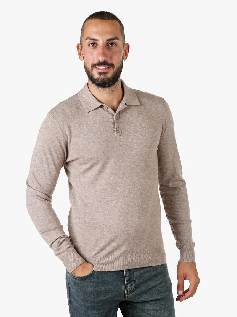 Polo da uomo in maglia a maniche lunghe - sabbia