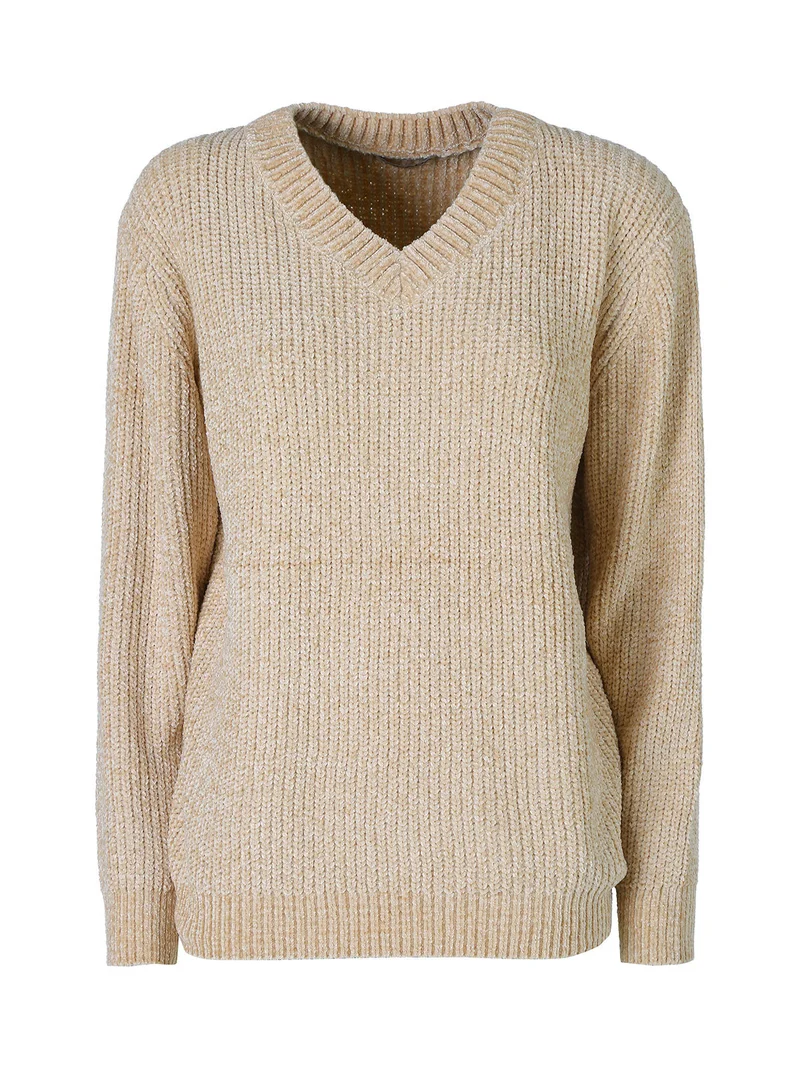Maglione in ciniglia da donna con scollo a V - beige
