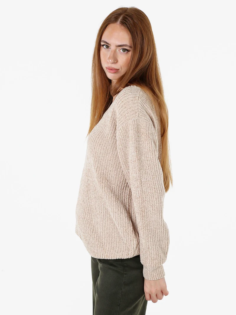 Maglione in ciniglia da donna con scollo a V - beige