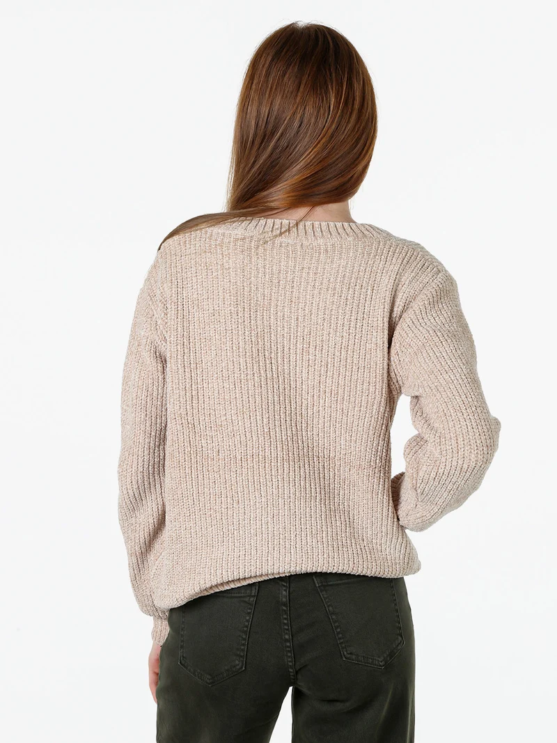 Maglione in ciniglia da donna con scollo a V - beige