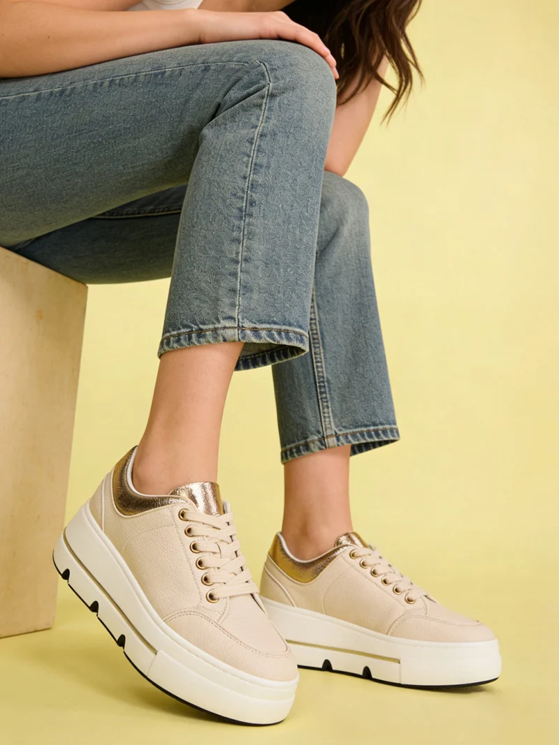 Sneakers donna stringate con platform - beige