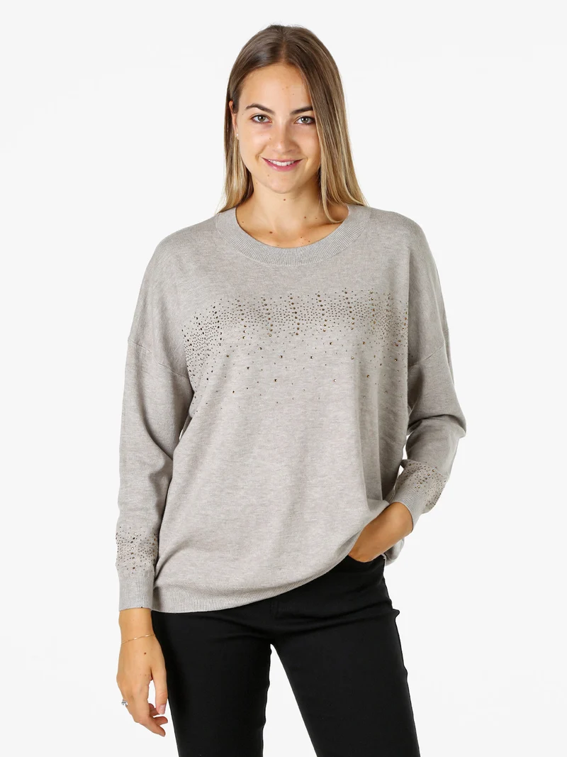 Pullover donna in maglia oversize con strass - fango