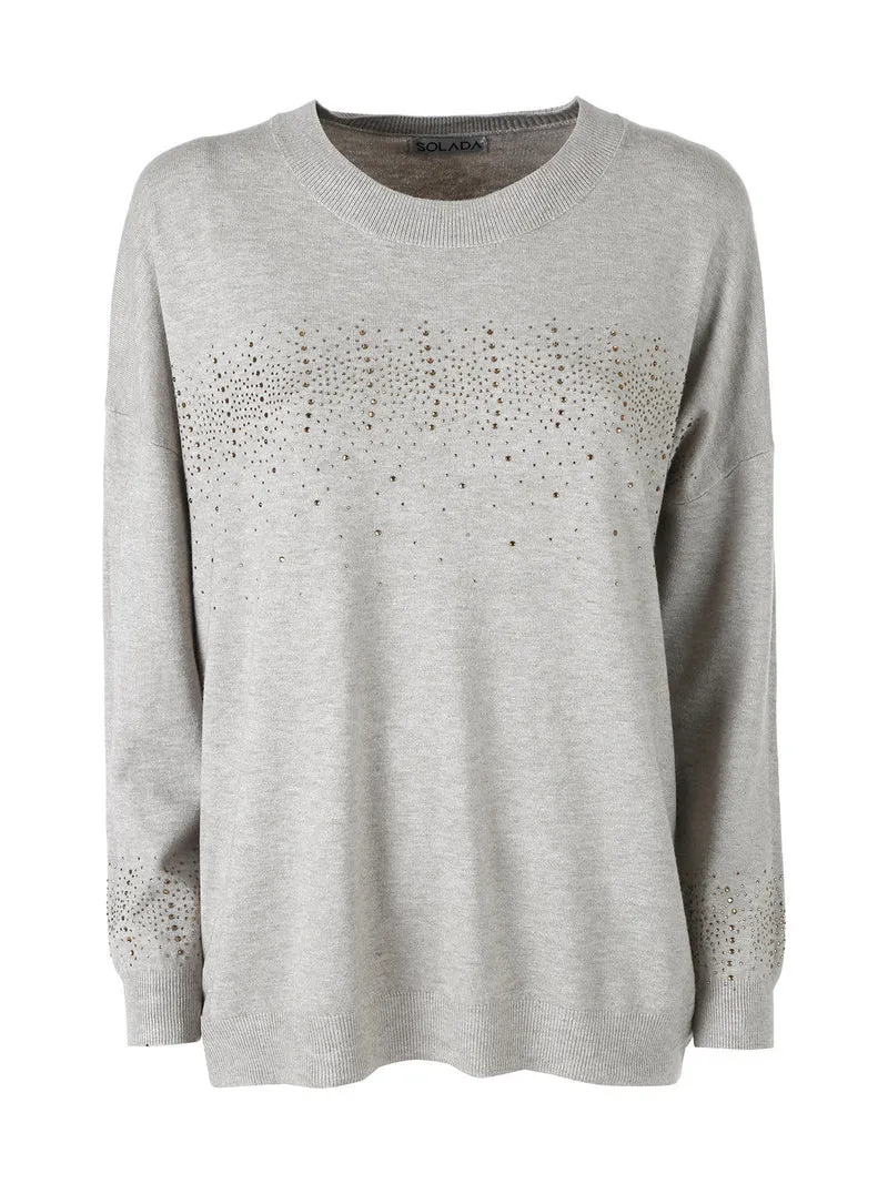Pullover donna in maglia oversize con strass - fango