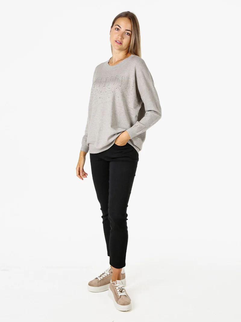 Pullover donna in maglia oversize con strass - fango