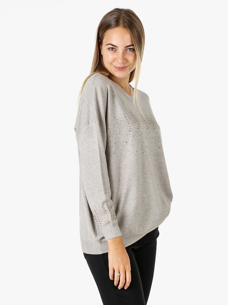 Pullover donna in maglia oversize con strass - fango