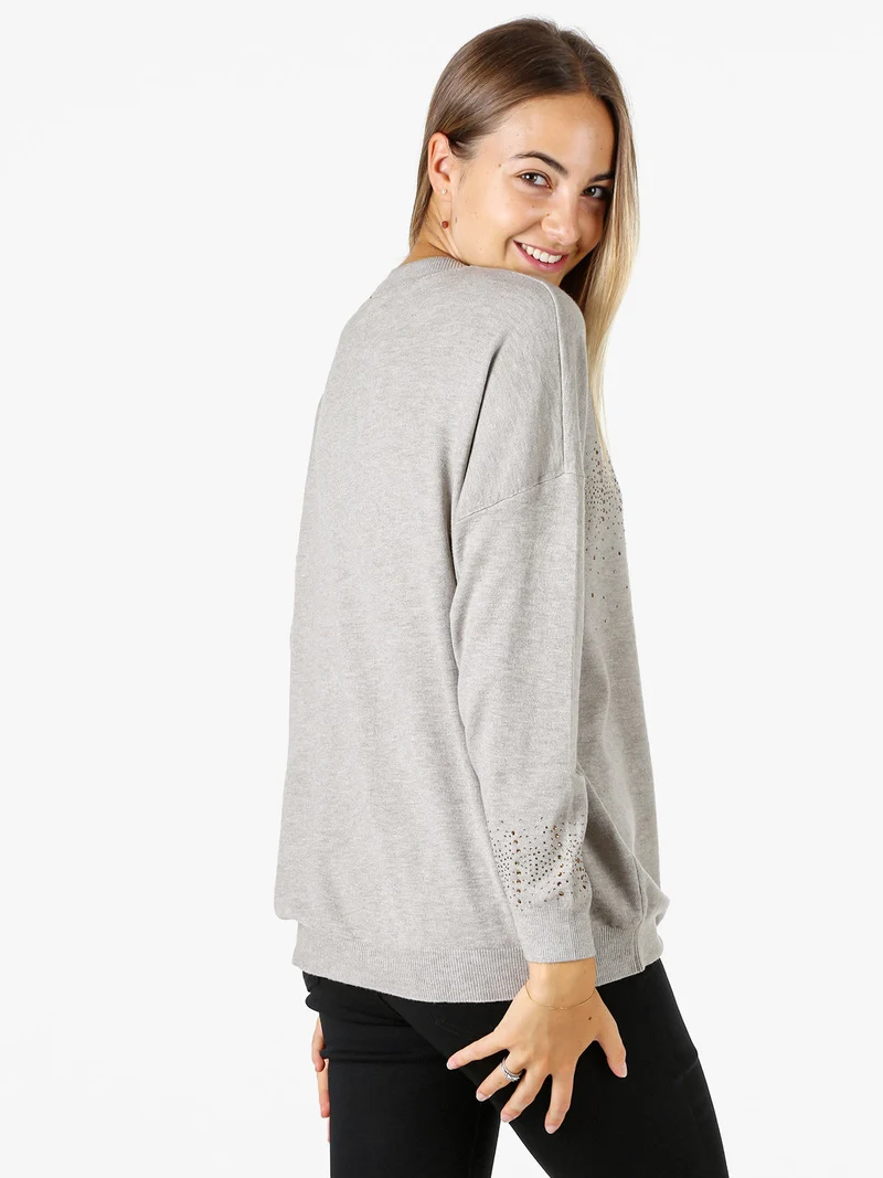 Pullover donna in maglia oversize con strass - fango