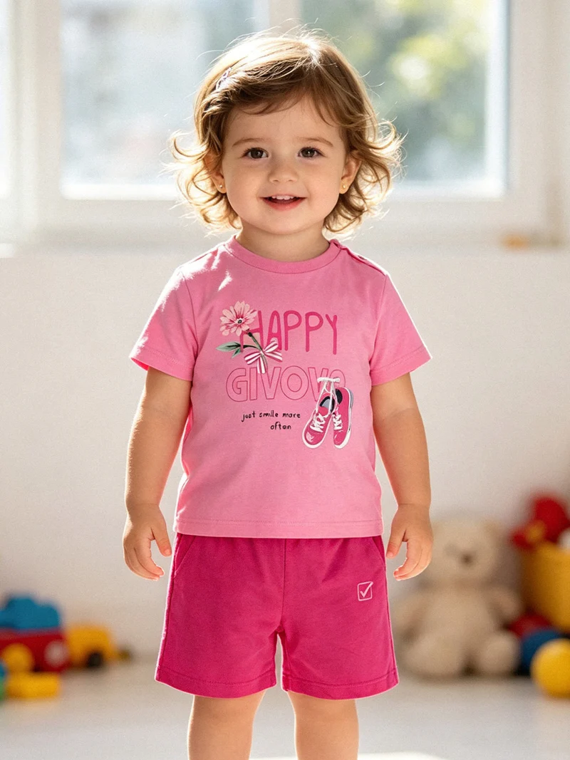 Completo corto da neonata con t-shirt e shorts - rosa