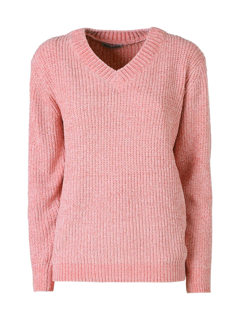 Maglione in ciniglia da donna con scollo a V - rosa