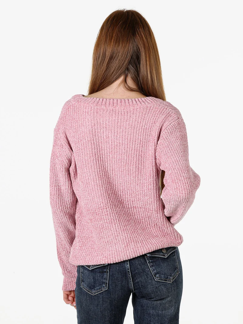 Maglione in ciniglia da donna con scollo a V - rosa
