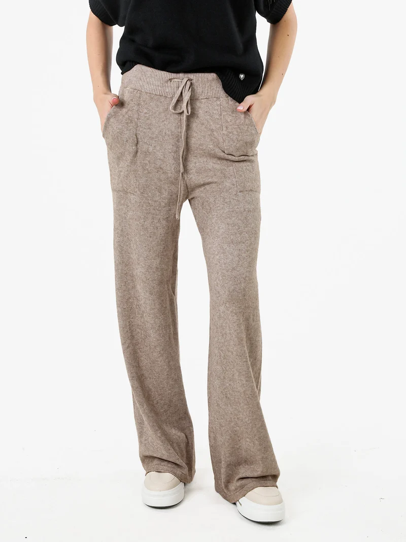 Pantaloni donna in maglia a gamba larga con coulisse - sabbia