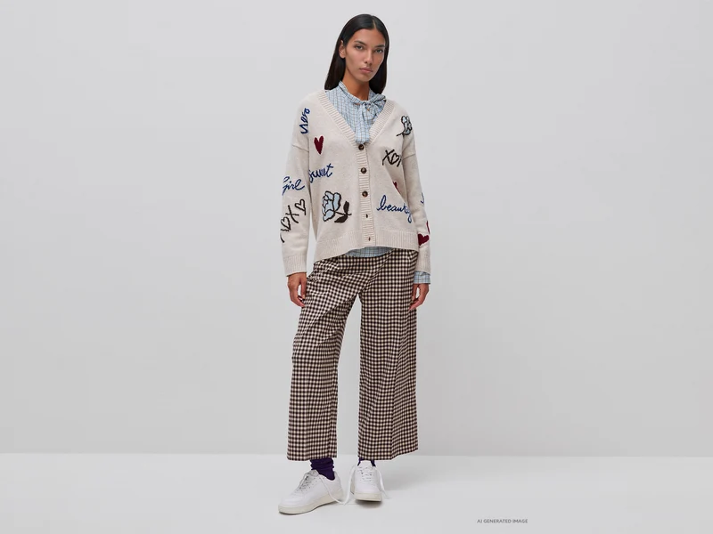 Strickjacke aus 100 % Wolle mit floralem Einsatz
