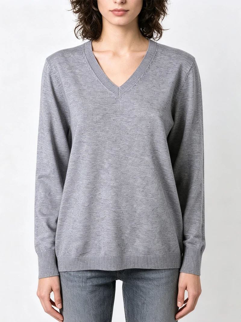 Pullover donna in maglia con scollo a V - grigio