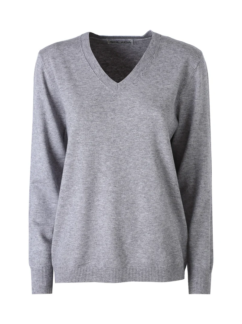 Pullover donna in maglia con scollo a V - grigio