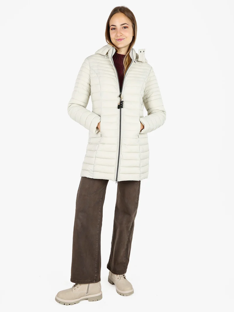 Giubbotto lungo da donna con cappuccio e zip - panna